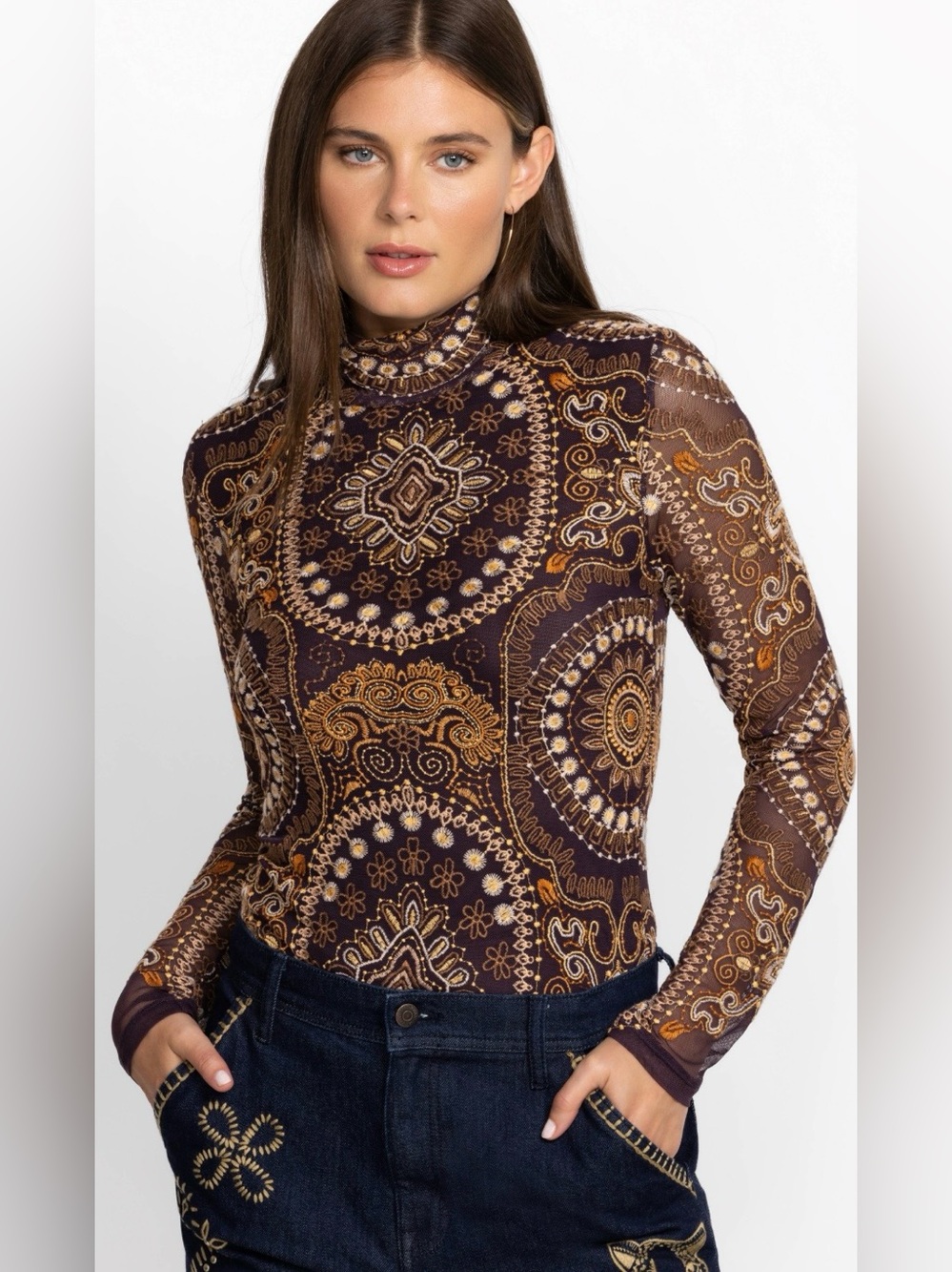 Johnny Was Brown Paisley embroidered Mock-Neck Long Sleeve Top, XL